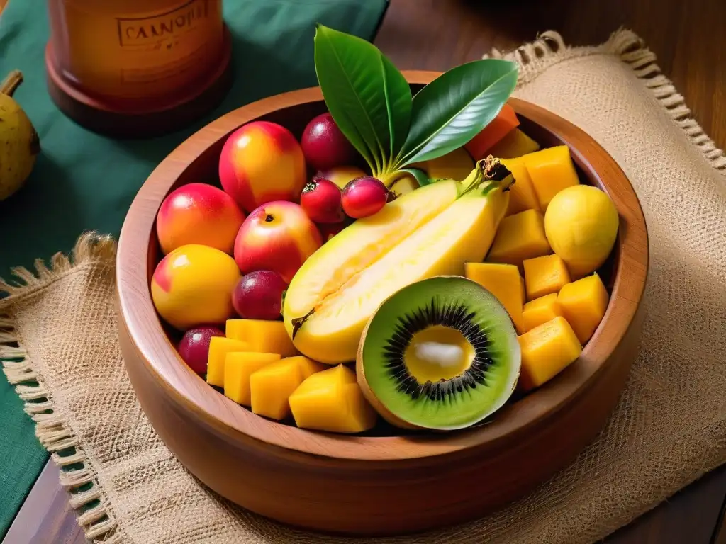 Exquisita receta tradicional postre Kanyah: tazón de madera rústico con frutas tropicales frescas y coloridas, brillantes y rodeado de hojas verdes