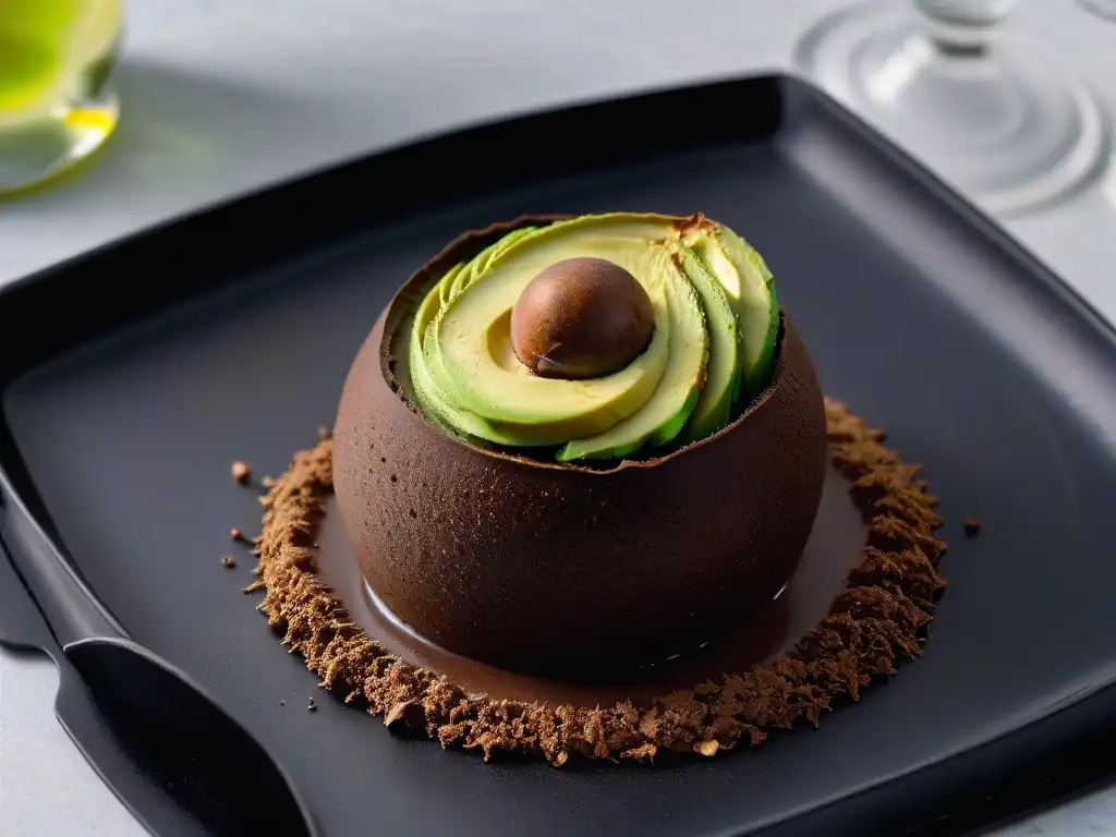 Exquisita receta trufas chocolate aguacate en un trufa perfectamente esférica en un elegante plato negro mate