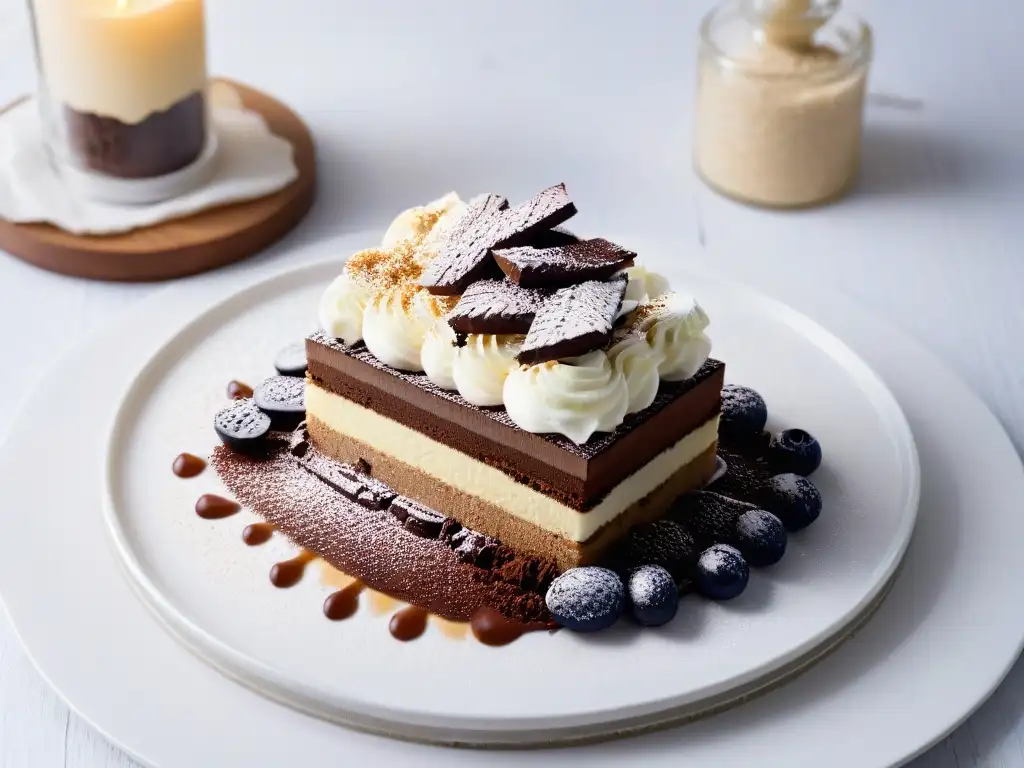 Exquisita reinvención postres tradicionales gourmet: tiramisú deconstruido con mascarpone y cacao en elegante presentación blanca