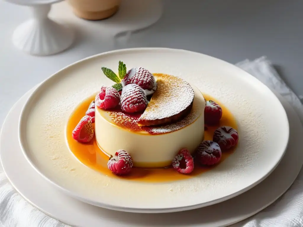 Una exquisita reinvención postres tradicionales gourmet: crème brûlée con caramelo dorado, frambuesa y hoja de menta en plato de porcelana blanco