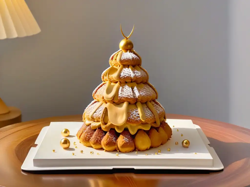 Exquisita repostería de alta gama moderna: croquembouche francés reinterpretado con elegancia y detalle en 8k