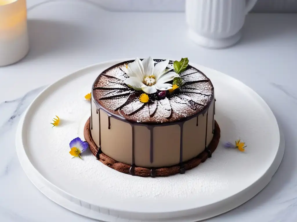 Una exquisita repostería de arte con chocolate, flores comestibles y azúcar glas en plato blanco sobre mármol