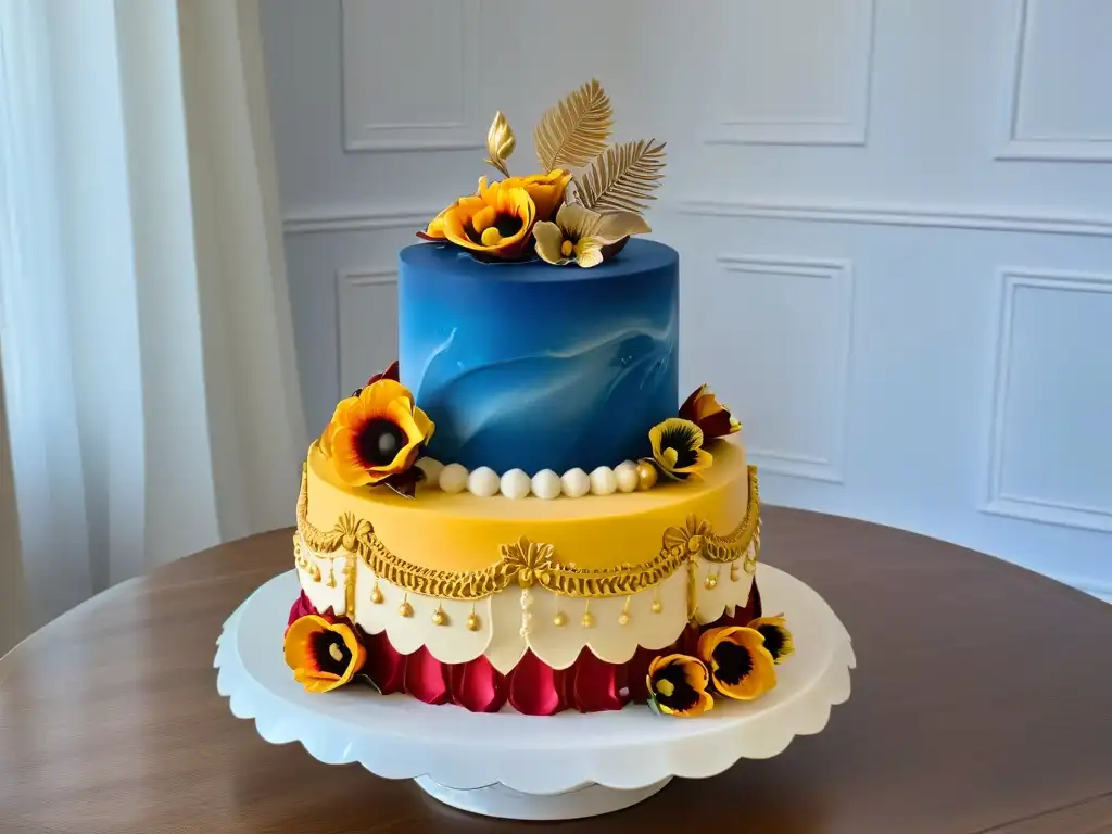 Exquisita repostería barroca con influencias artísticas del siglo XVII, detallada decoración en oro y flores de azúcar