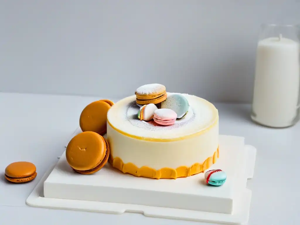 Exquisita exhibición de repostería en mármol blanco con macarons y pasteles