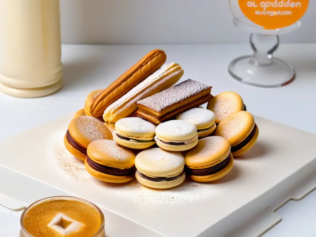 Exquisita repostería de fusión en casa: churros y macarons combinados en una presentación elegante y detallada