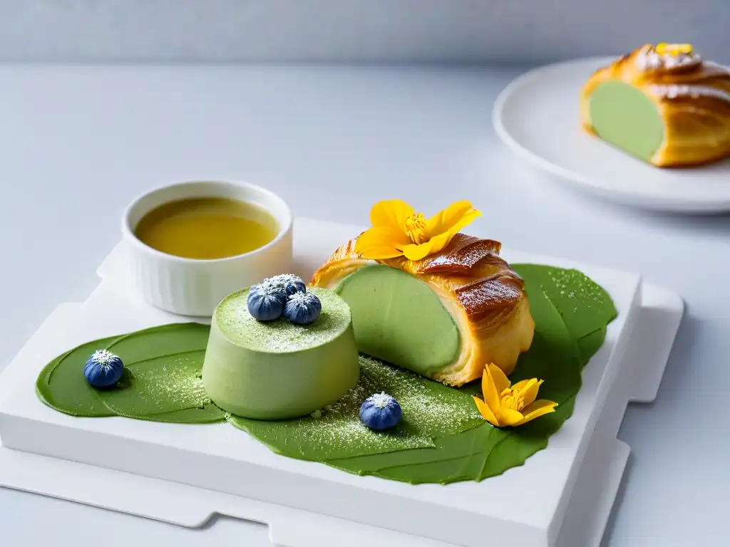 Exquisita repostería de fusión en casa: croissant francés y matcha japonés con flores comestibles y láminas de oro