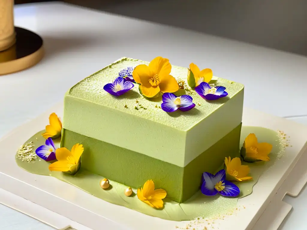 Exquisita repostería de fusión en casa: un tiramisú de té matcha con flores comestibles y láminas de oro