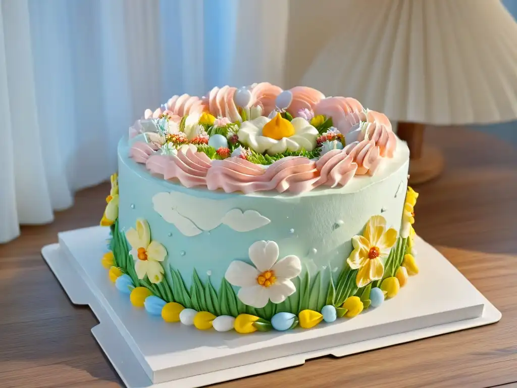 Delicioso pan de Pascua decorado con flores en tonos pastel Una exquisita repostería casera de Europa del Este: un pastel de Pascua tradicional decorado con detalles florales en tonos pastel, sobre una mesa rústica de madera con luz natural suave filtrándose por la ventana