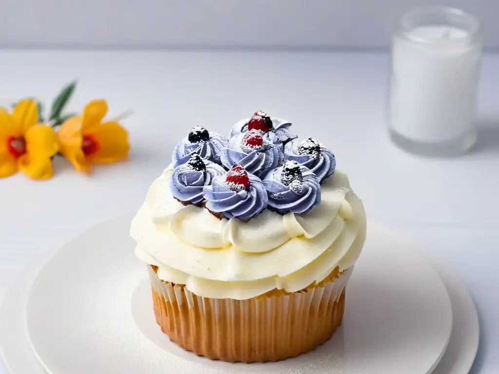 Exquisita repostería para celiacos: cupcake decorado con frutas y flores, en elegante plato blanco