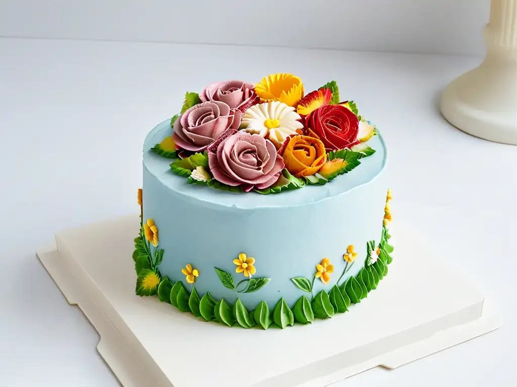 Exquisita repostería para celiacos mitos: torta decorada con detalles florales en colores vibrantes sobre soporte blanco