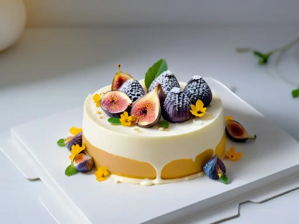 Exquisita repostería: Cheesecake de mascarpone con higos frescos, miel y flores comestibles