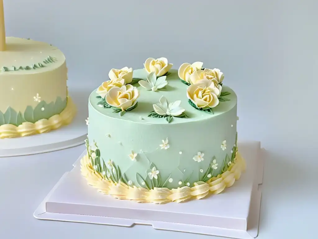 Exquisita tarta de vainilla francesa en tres niveles con flores de azúcar Exquisita repostería clásica en festivales: pastel francés de vainilla con flores de azúcar en tonos pastel