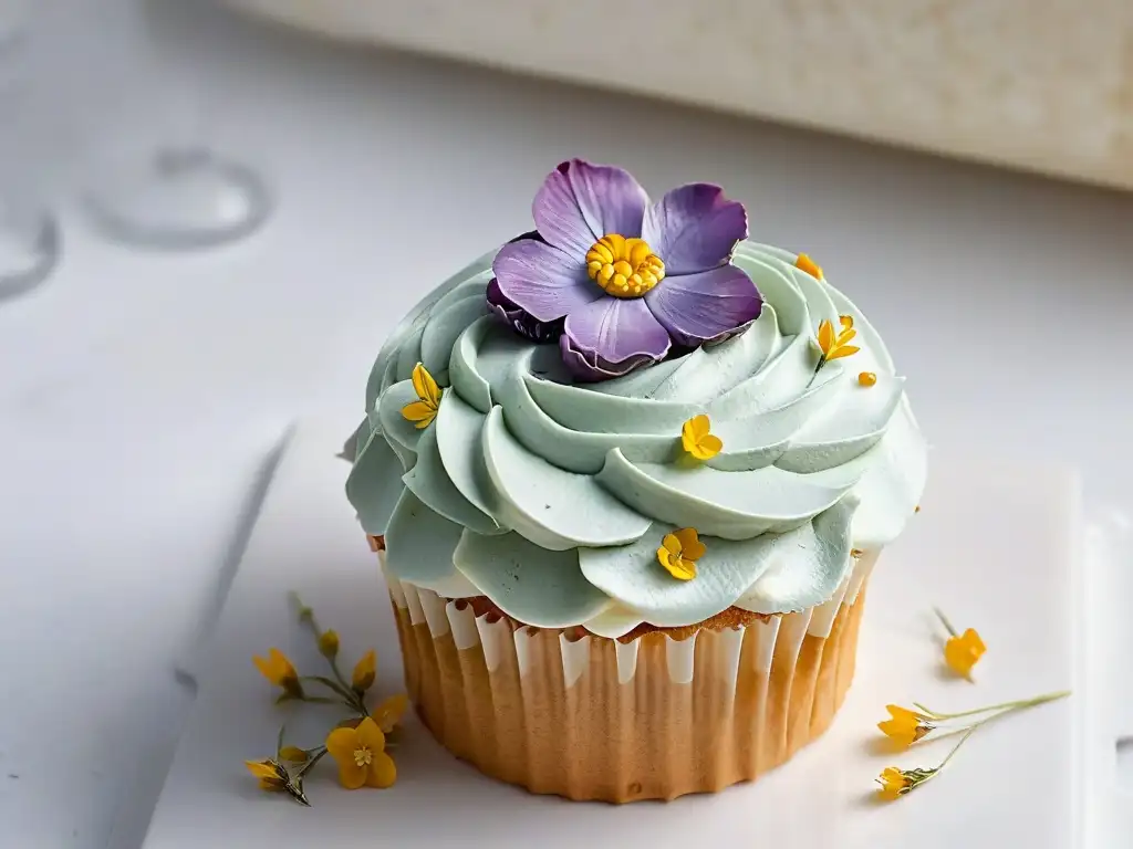 Exquisita repostería: Cupcake con flores comestibles y pan de oro sobre mármol blanco