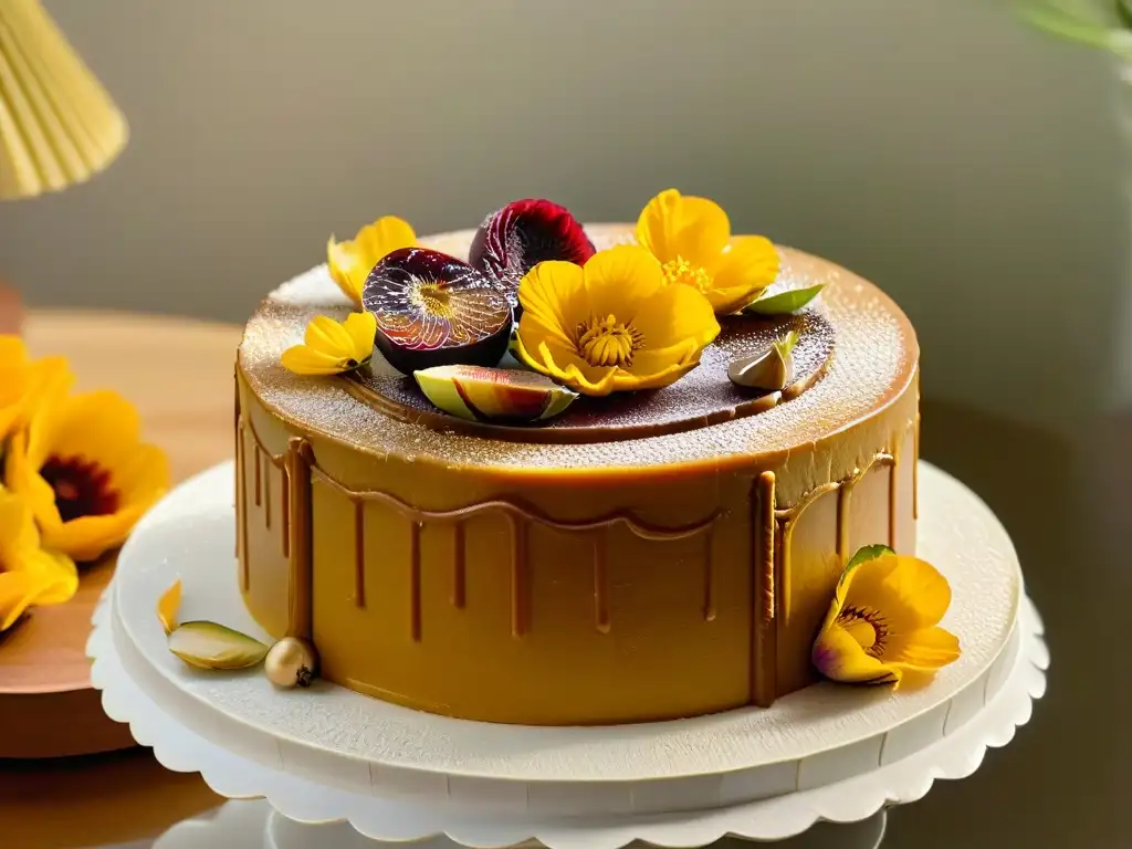 Exquisita repostería dátil: pastel de azúcar de dátil con higos frescos, flores comestibles y hojas de oro en un elegante soporte de mármol