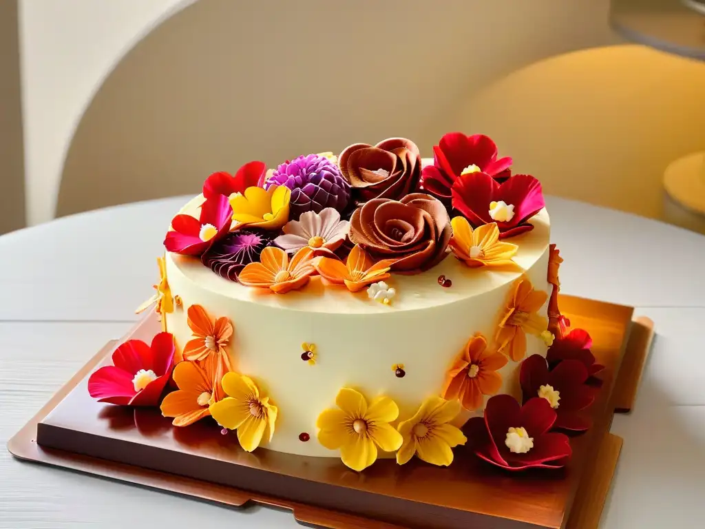 Pastel decorado con flores de azúcar: arte sostenible en repostería Exquisita repostería decorada con flores de azúcar en una mesa de madera moderna