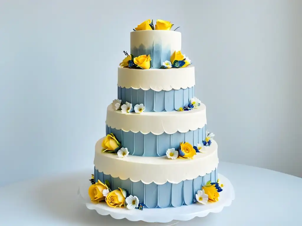 Exquisita repostería elegante inspirada en Bake Off: un pastel de capas con detalles florales y fondant en tonos pastel