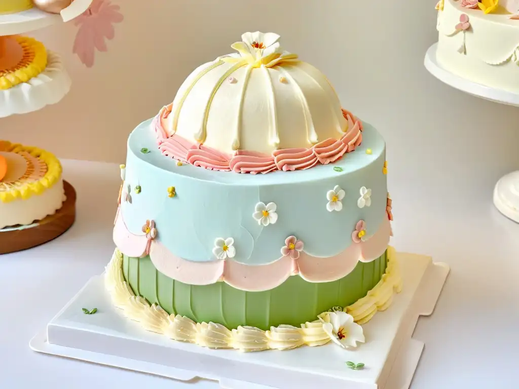 Exquisita repostería elegante inspirada en Bake Off: detallada tarta de tres pisos con decoración intrincada y flores comestibles