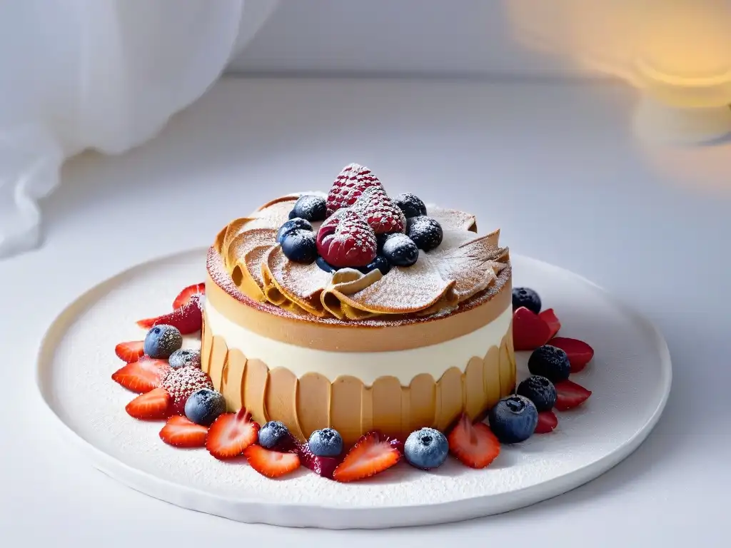 Exquisita pastelería nórdica: arte culinario escandinavo Una exquisita repostería escandinava en un plato moderno y elegante con crema, bayas rojas y una iluminación suave