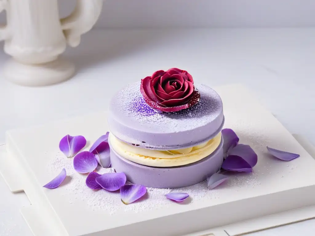 Exquisito macaron de lavanda con pétalos de rosa en mármol blanco Exquisita repostería con flores comestibles: un delicado macarrón de lavanda con pétalos de rosa sobre mármol blanco
