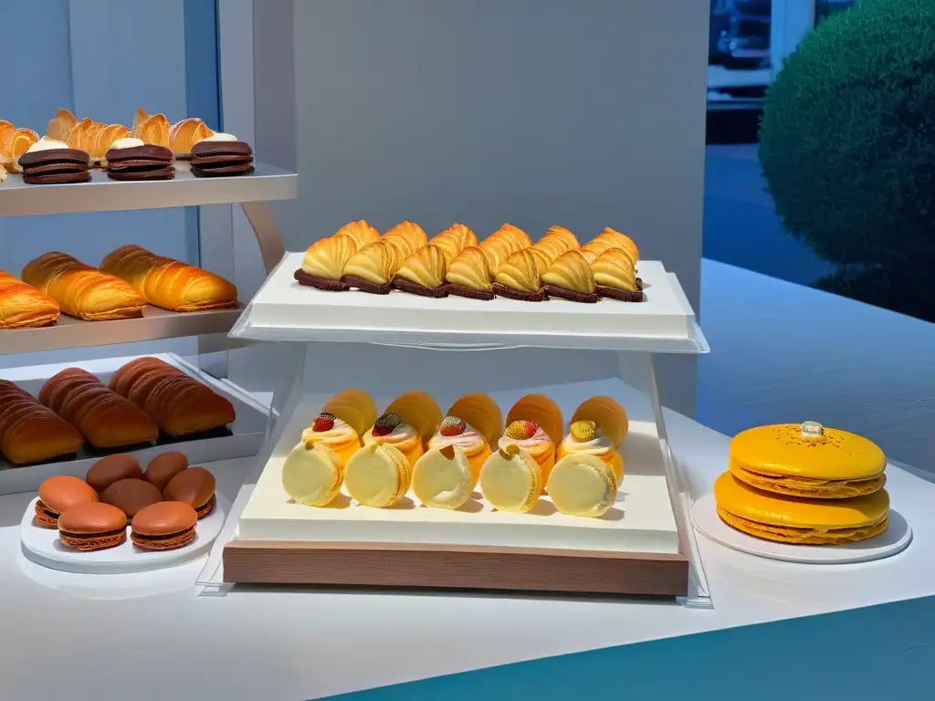 Una exquisita repostería francesa del siglo en mármol blanco, con croissants, macarons, éclairs y madeleines