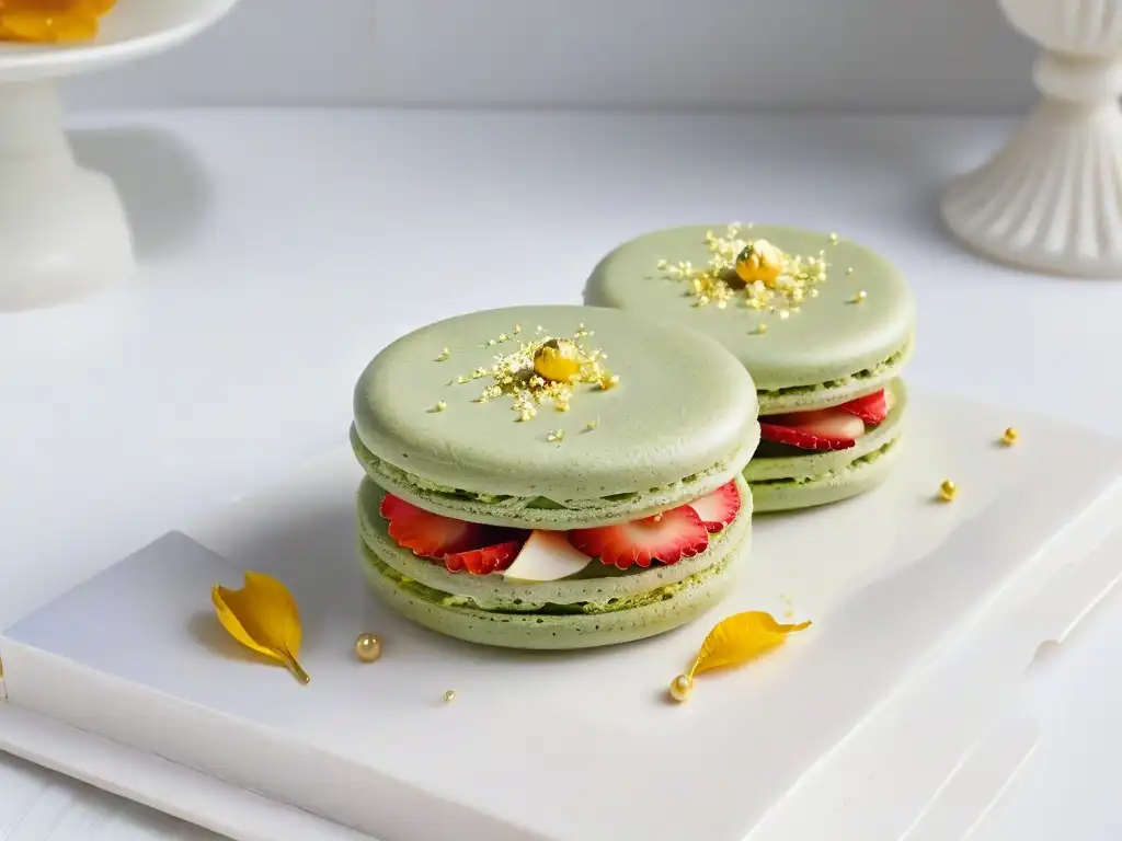 Exquisita repostería sin gluten: macaron delicado con toque dorado sobre mármol moderno, rodeado de pétalos de rosa