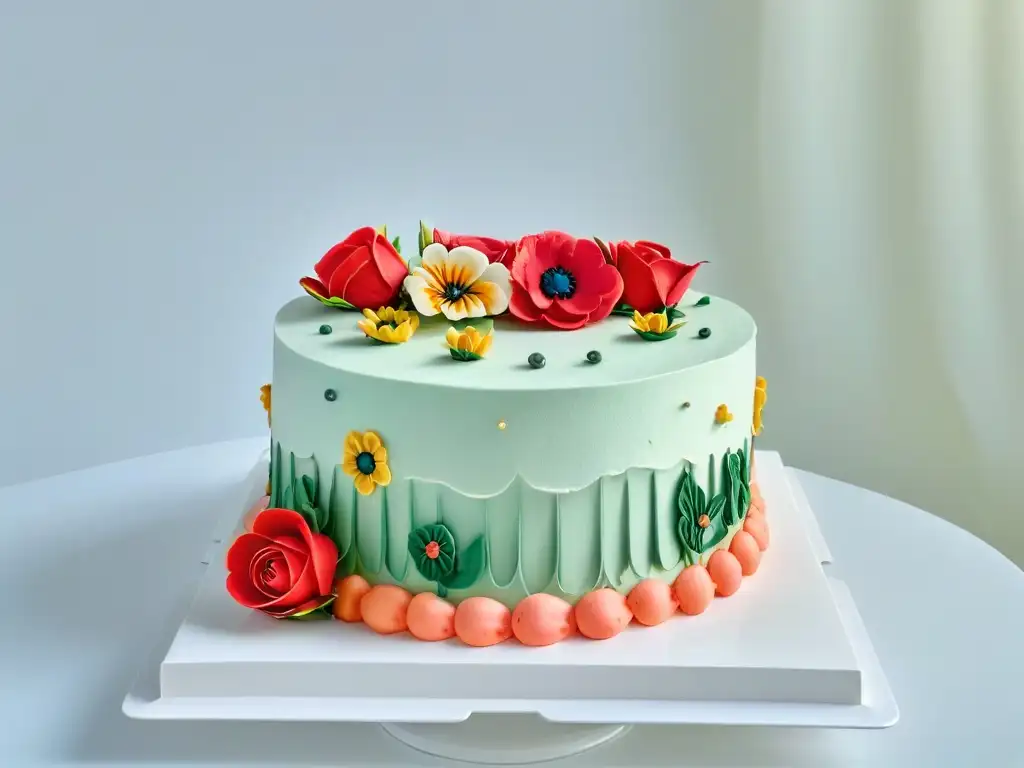 Exquisita repostería sin gluten: pastel decorado con flores vibrantes y detalles de fondant, arte y detalle en cada rincón