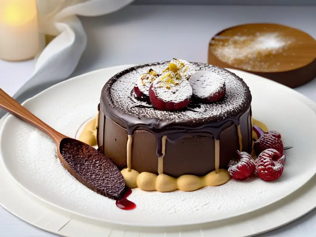 Exquisita repostería gourmet equilibrada: un delicioso pastel de lava de chocolate con coulis de frambuesa, oro comestible y frambuesa fresca