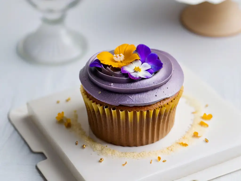 Exquisita repostería gourmet sin gluten: cupcake decorado con detalle, flores comestibles y oro en plato blanco