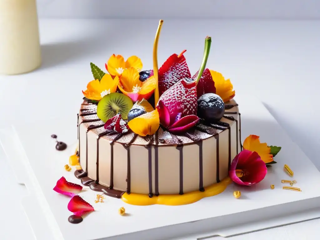 Delicia gourmet: postre exótico de frutas tropicales y chocolate Exquisita repostería gourmet con sabores exóticos en una presentación elegante y lujosa
