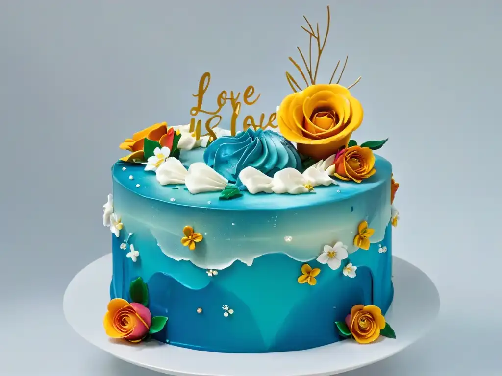 Exquisita repostería inclusiva para todas: pastel decorado con arcoíris y flores, topper dorado 'Love is Love'