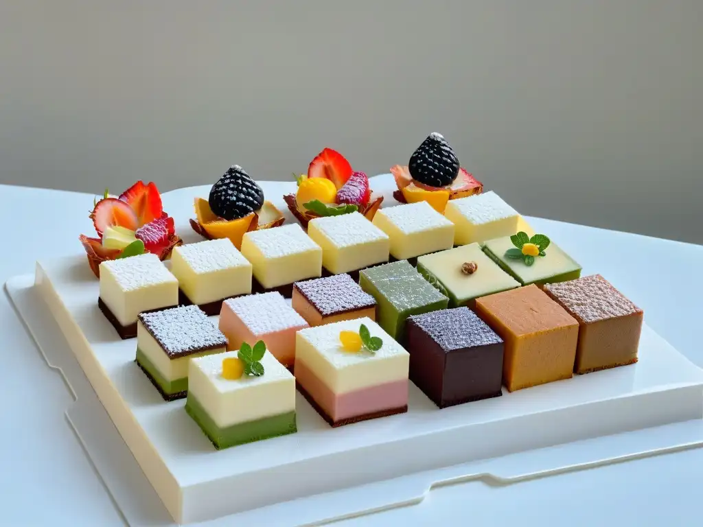 Exquisita repostería en miniatura: tendencias globales en delicados petit fours vibrantes y detallados en una elegante presentación