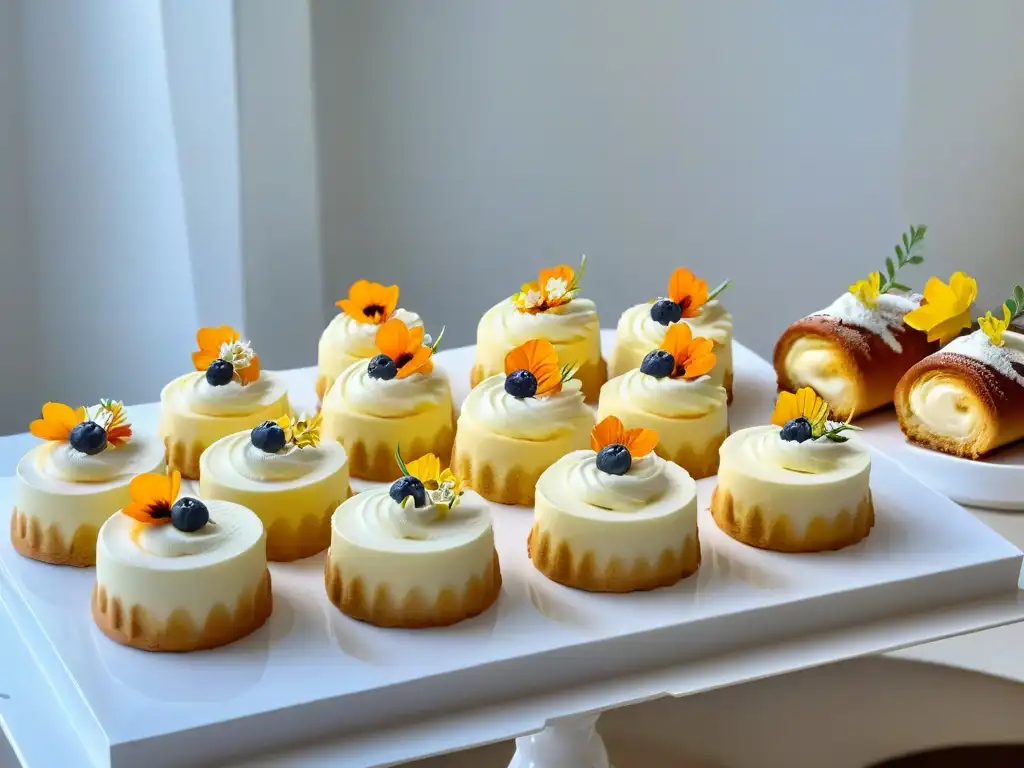 Exquisita repostería moderna con azúcar de abedul, delicadamente decorada con flores comestibles y presentada en elegantes platos