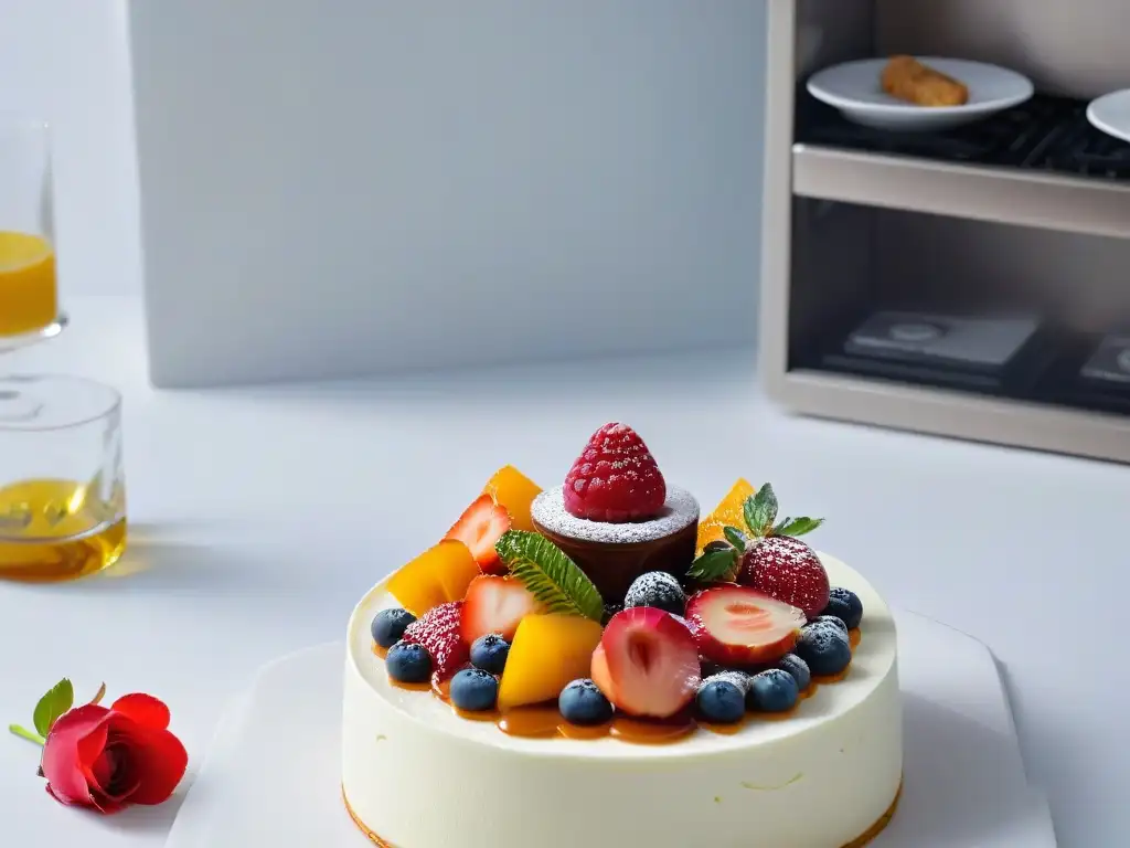 Exquisita repostería moderna con gelificados y frutas frescas en elegante cocina de mármol y acero inoxidable