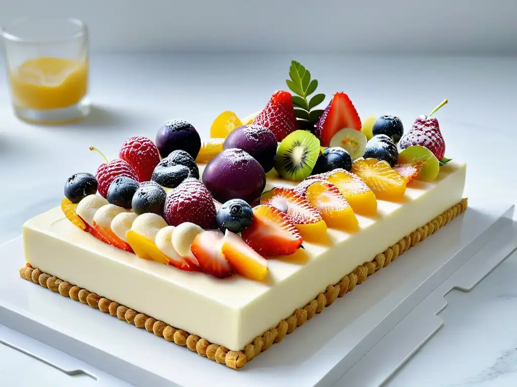 Una exquisita repostería moderna sin gluten con tendencias, decorada con frutas vibrantes y flores comestibles