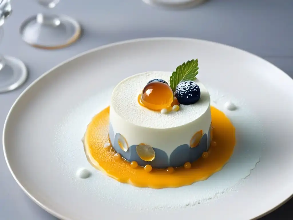 Exquisita repostería molecular: equilibrio de sabores en postre delicado con gel, espuma y esferas en plato minimalista