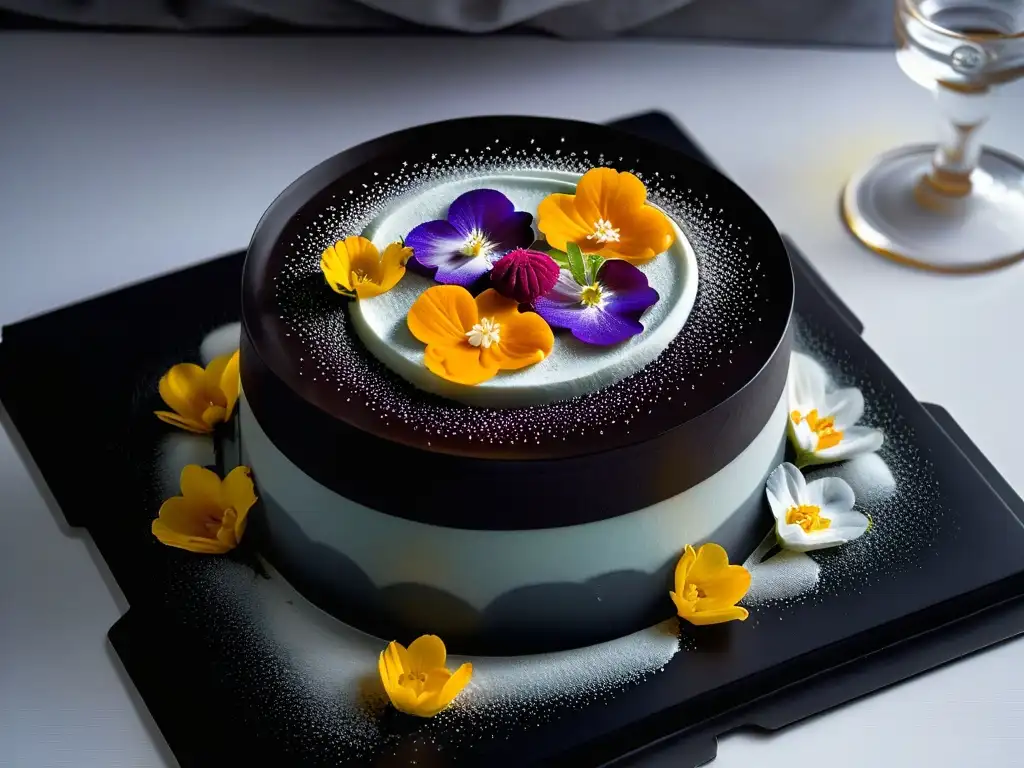 Postre molecular de precisión: capas transparentes y flores comestibles Exquisita repostería molecular: panes y bizcochos en un postre geométrico de gel, espuma y flores comestibles