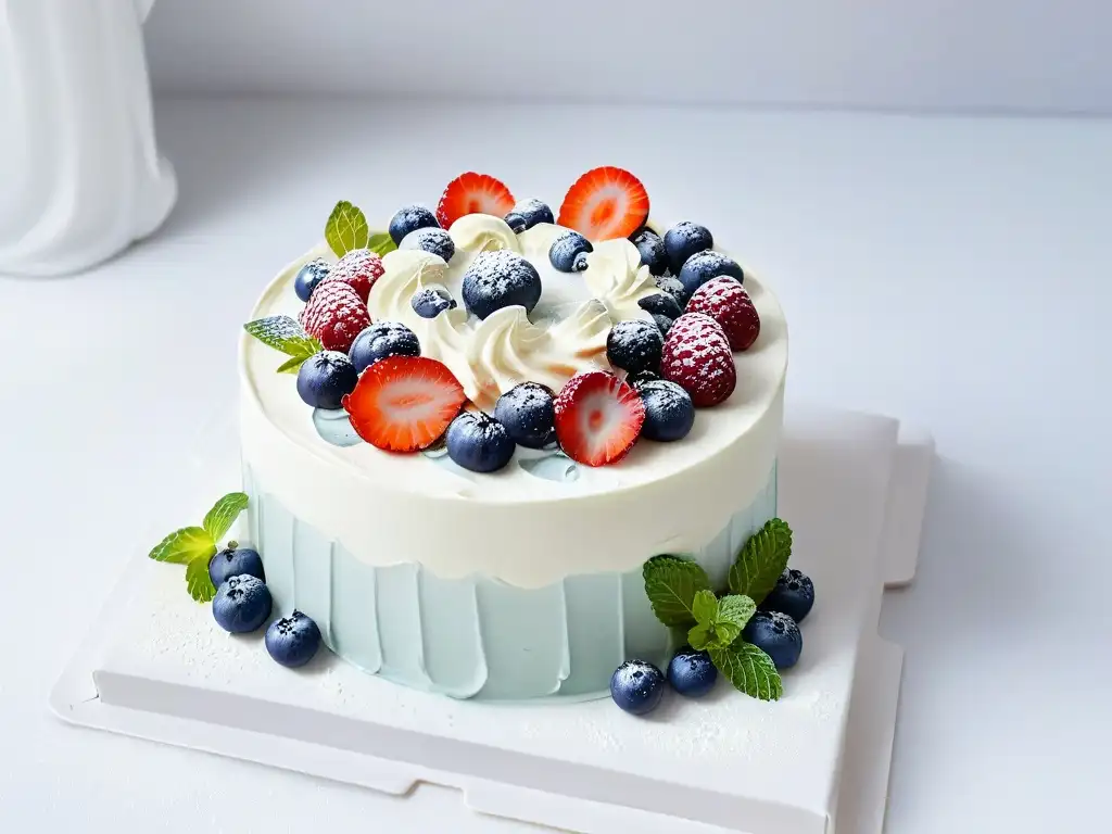 Pastel keto decorado con frutas y flores en mármol blanco Una exquisita repostería keto para ocasiones especiales: pastel decorado con frutas y hojas de menta en mármol blanco
