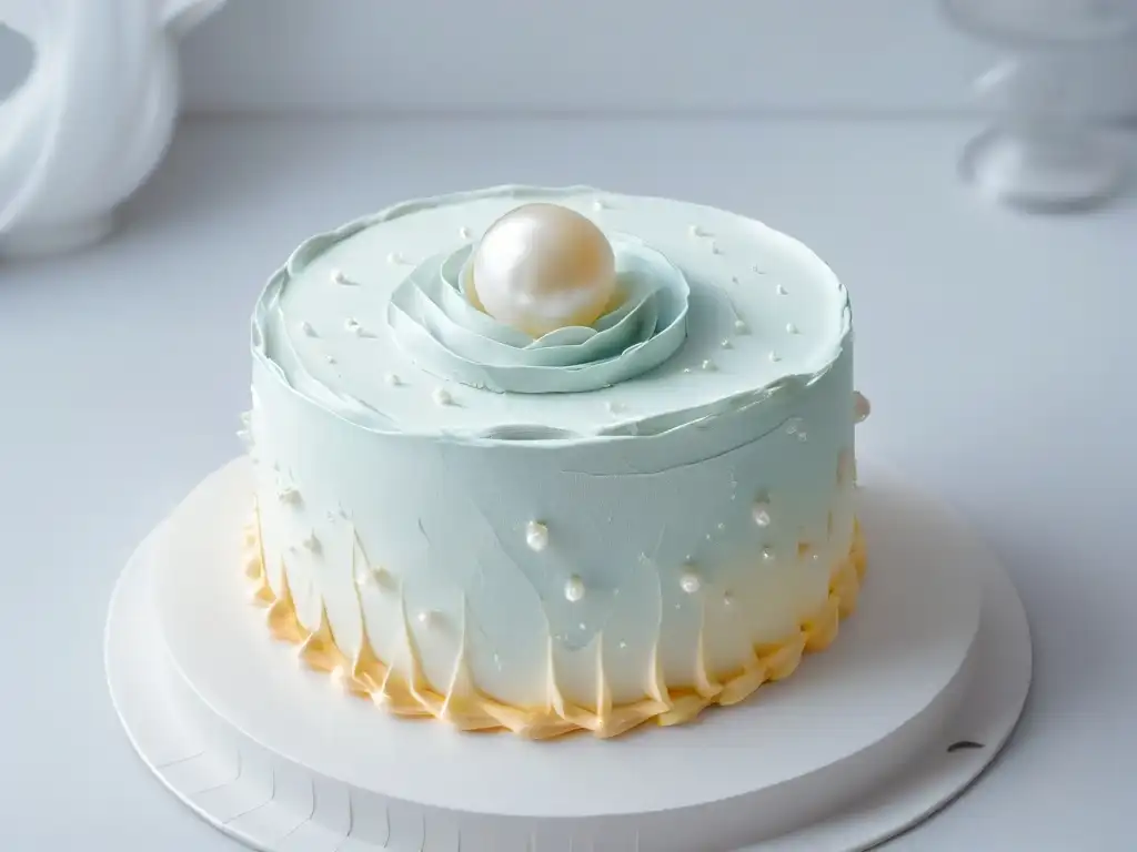 Exquisita decoración de repostería con perlas en una torta blanca impecable