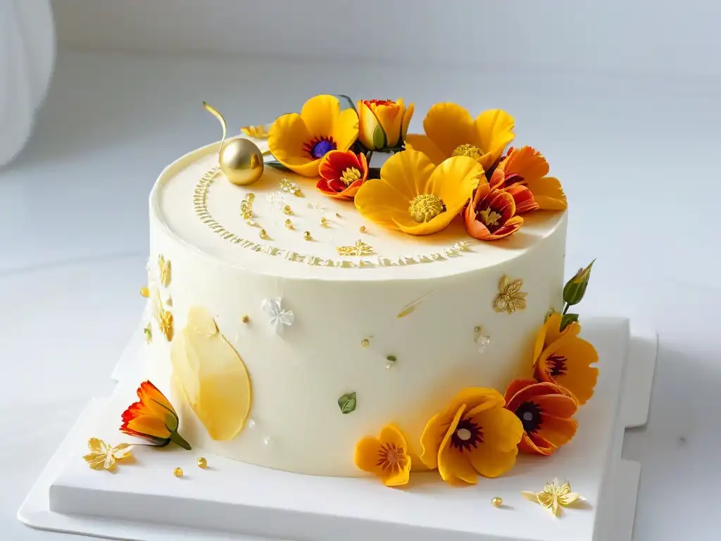 Una exquisita repostería con realidad aumentada: pastel detallado con flores comestibles y hojas doradas sobre mármol blanco