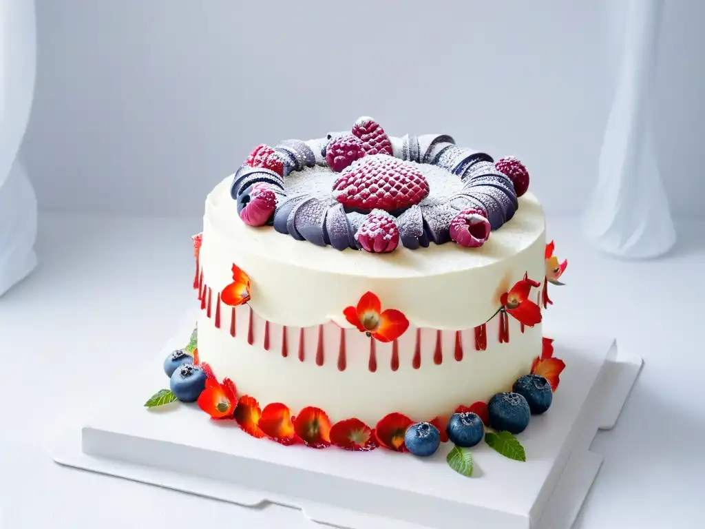 Exquisita tarta sin gluten con flores y bayas Una exquisita repostería sin gluten sostenible deliciosa: pastel decorado con flores y frutas frescas en soporte de mármol blanco