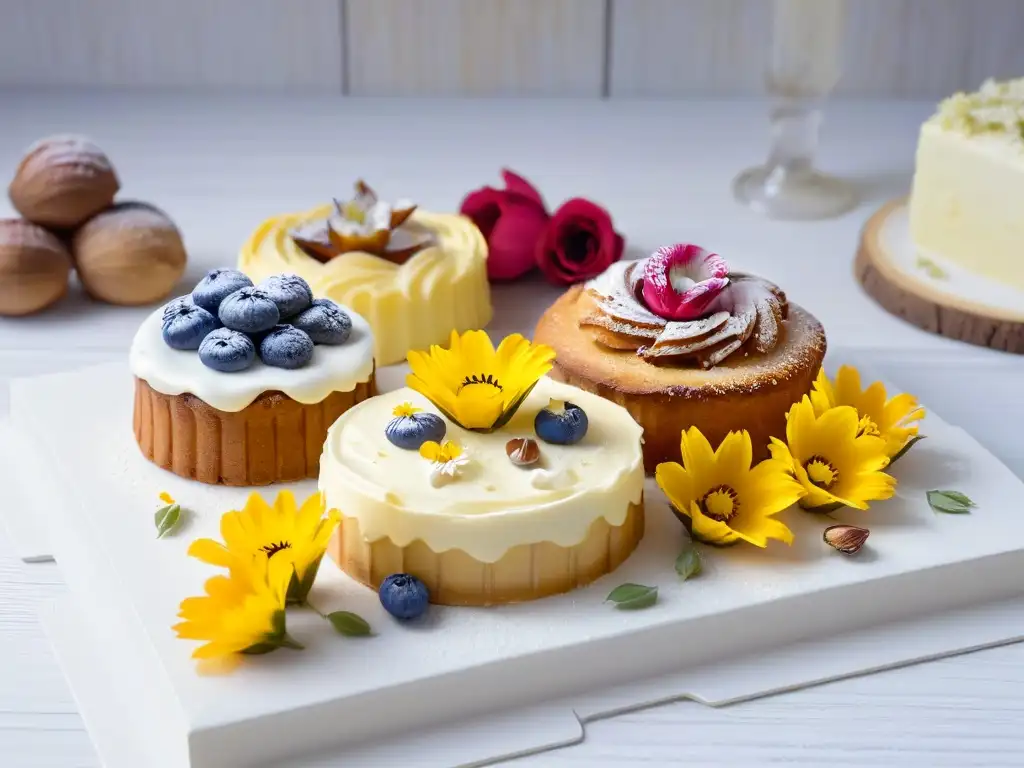 Delicadas delicias sin gluten con flores comestibles y nueces Exquisita repostería sin gluten sostenible deliciosa en mesa de madera rústica