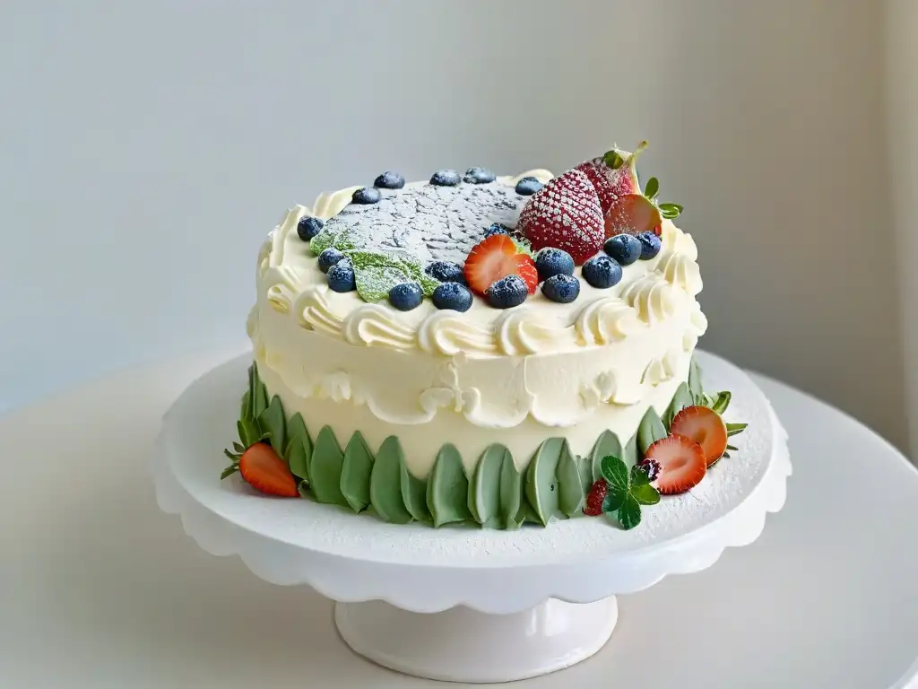 Exquisita decoración de pastel sin gluten: arte y sabor Exquisita repostería sin gluten sostenible deliciosa en una hermosa torta decorada con detalles vibrantes y delicados en un soporte blanco elegante