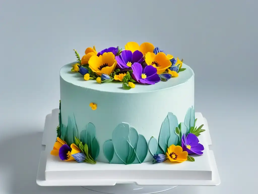 Exquisita repostería sostenible: detallada tarta con flores y follaje comestible, tendencias globales repostería sostenible