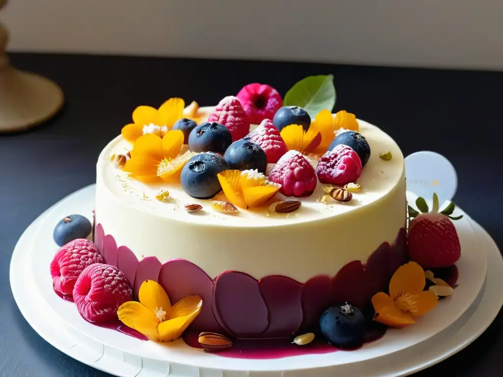 Exquisita repostería sostenible y biodiversidad en un postre único con frutas, nueces y flores comestibles sobre porcelana blanca