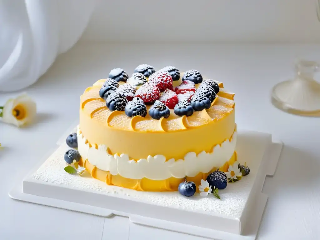 Exquisita tarta nórdica con bayas y flores comestibles Exquisita repostería escandinava tendencias globales: pastel nórdico con capas, bayas frescas y flores comestibles