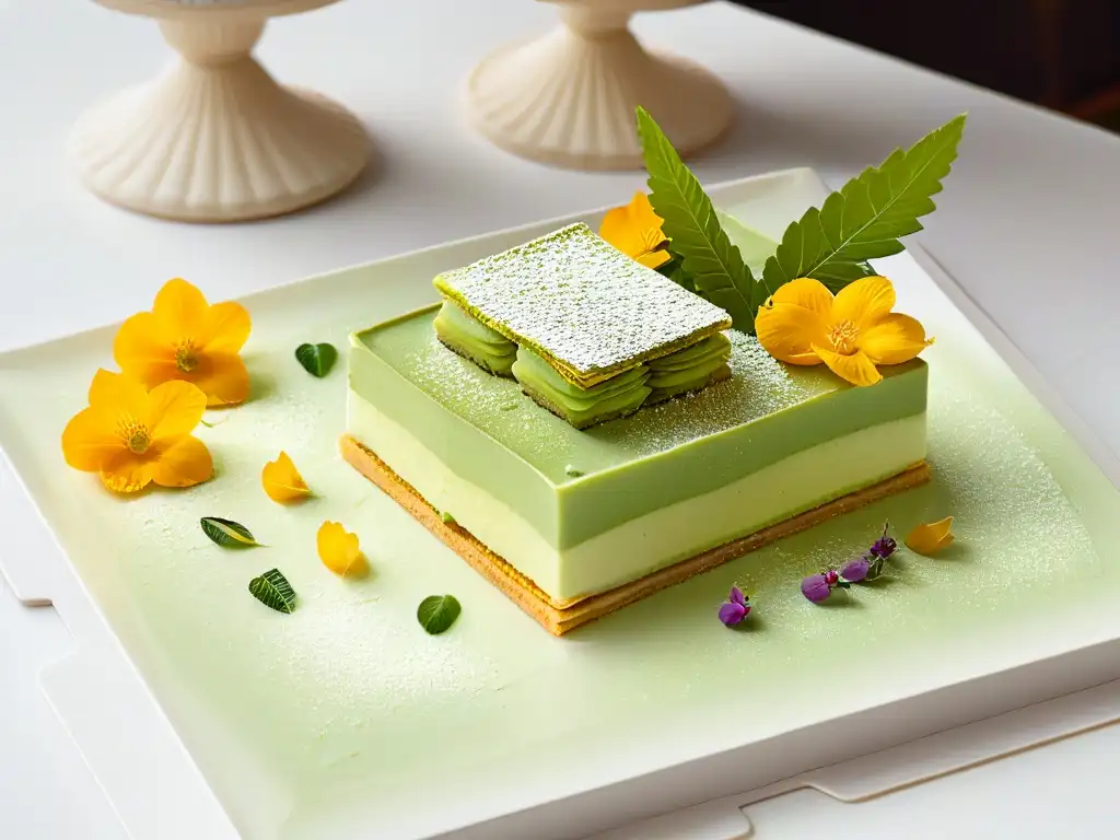 Exquisita repostería de fusión: tendencias innovadoras en un millefeuille de matcha y arte floral