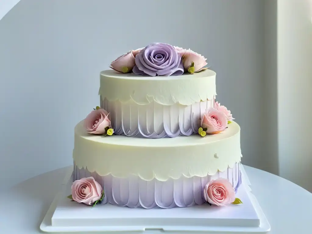 Exquisita repostería vegana para celebraciones especiales: pastel de bodas de tres pisos con flores de azúcar en tonos pastel