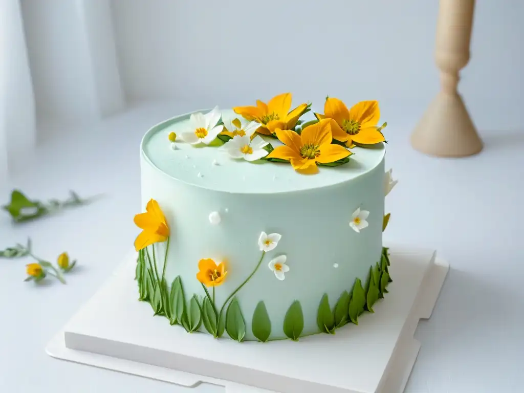 Exquisita repostería vegana para celebraciones especiales: pastel de tres pisos con flores comestibles y follaje verde sobre fondo blanco