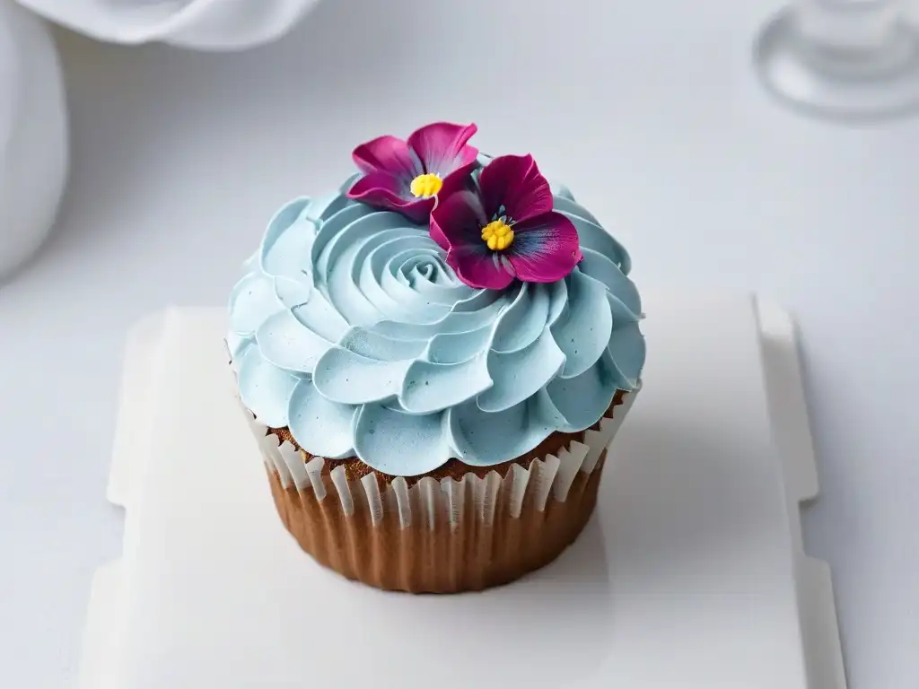 Una exquisita repostería vegana con impresión 3D: Cupcake decorado con flores comestibles y frosting, sobre fondo blanco