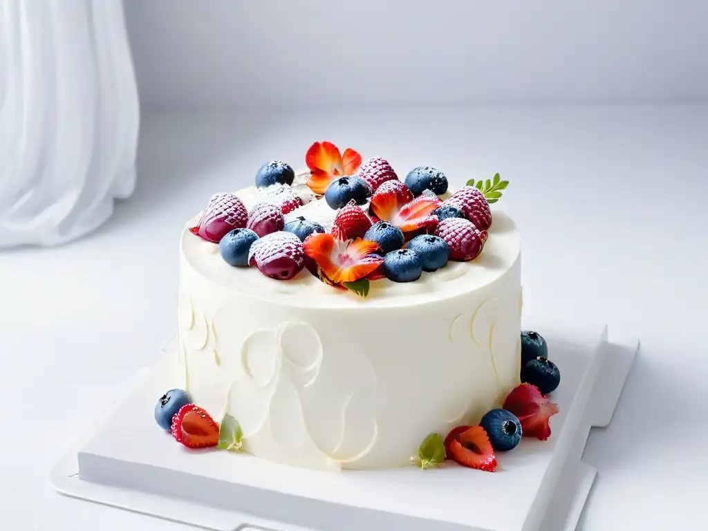 Exquisita repostería vegana: detalle de pastel decorado con flores y frutas en mármol blanco iluminado